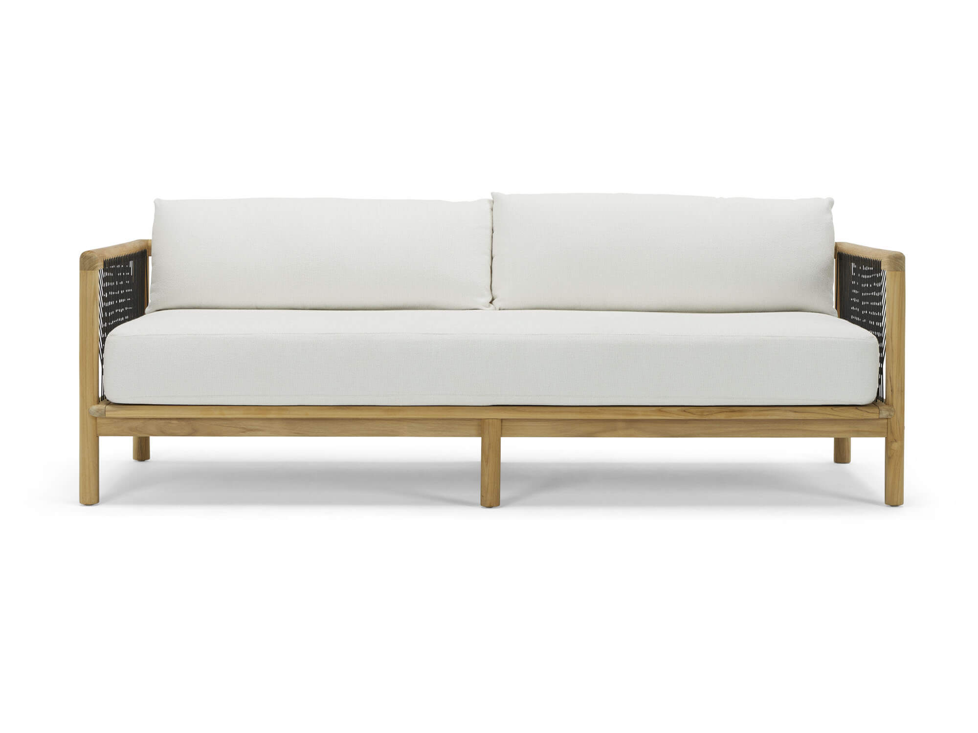 Front view of two seat outdoor sofa with white cushions